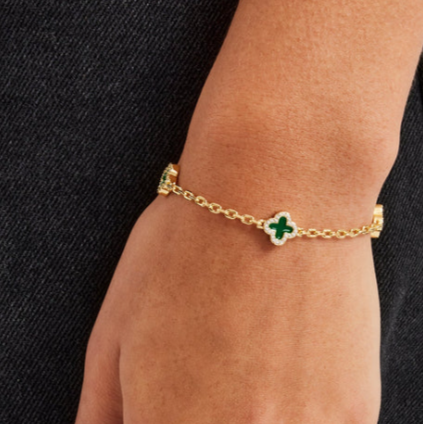 Green Enamel Motif Rolo Link Gemstone Bracelet