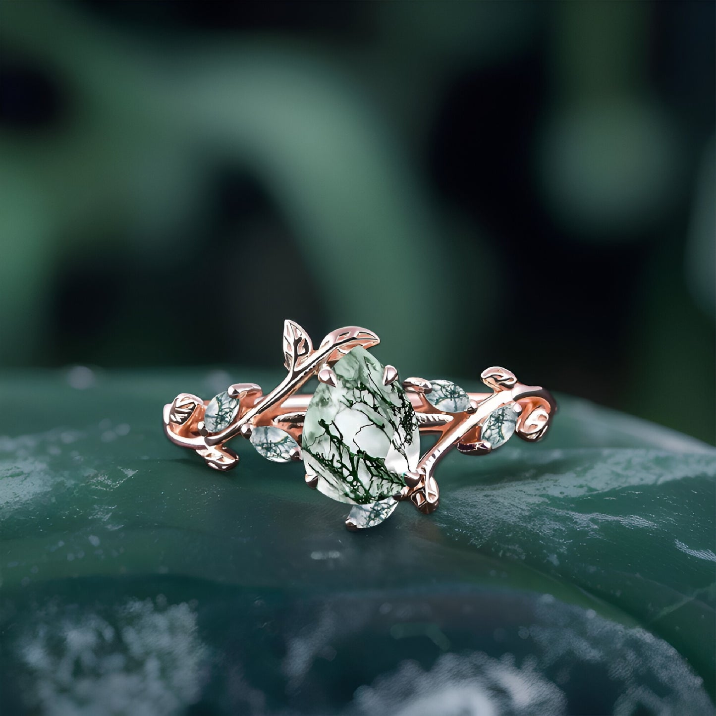 Pear shaped Moss Agate Engagement Promise Ring Leaf Nature Inspired Bridal Set