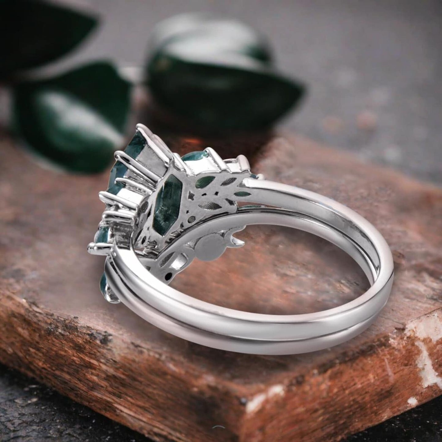 Unique Hexagon Moss Agate Ring Art Deco Wedding Ring Set
