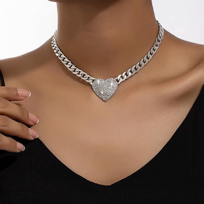 Cuban Link Heart Pendant Necklace Zirconia Studded Love, Silver/Gold Choice