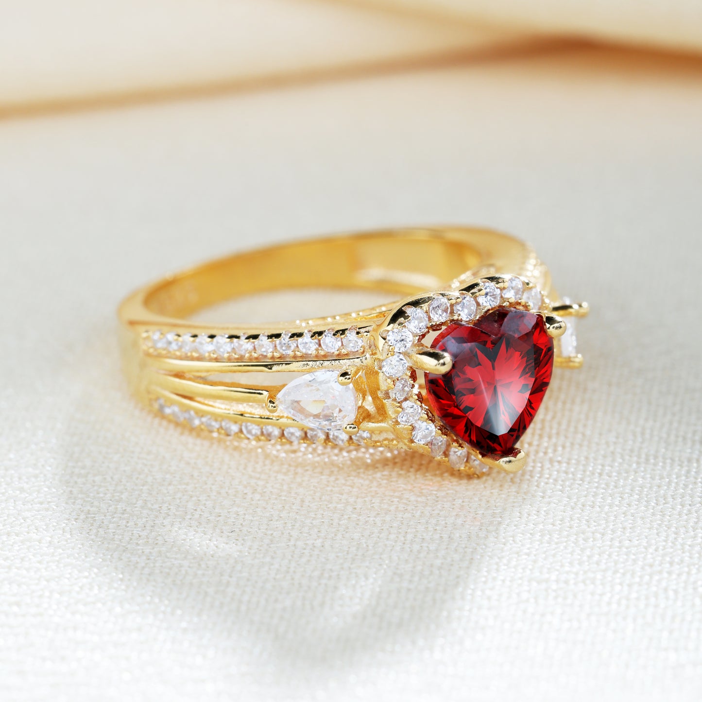 Three Stone Halo Heart Cut Sterling Silver Ring