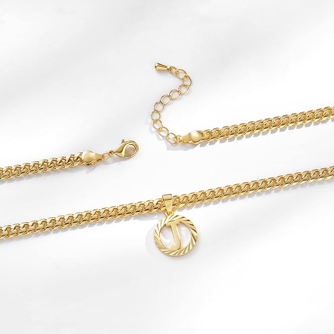 Gold Initial Letter Necklace: A-Z Hollow Initial Cuban Chain