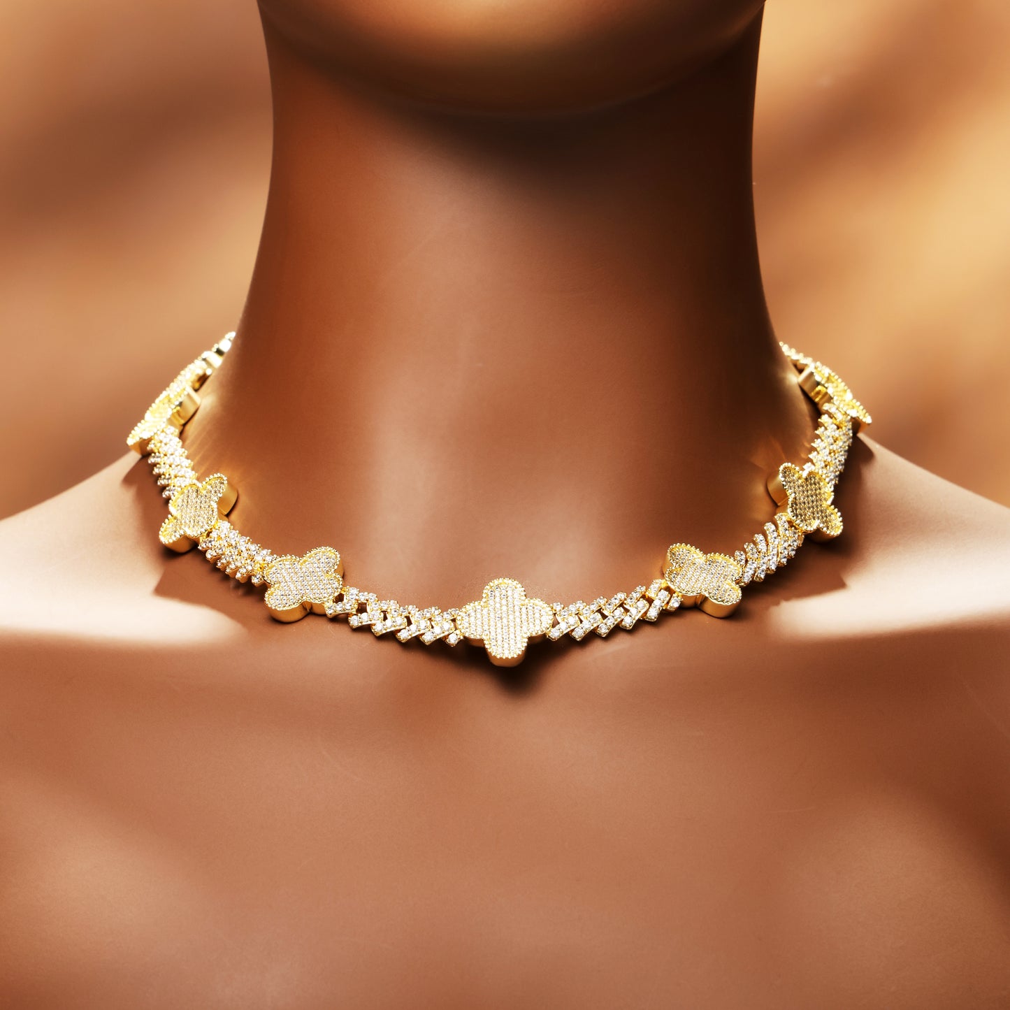 8mm Iced Out Four Leaf Cuban Link Chain 18K Gold