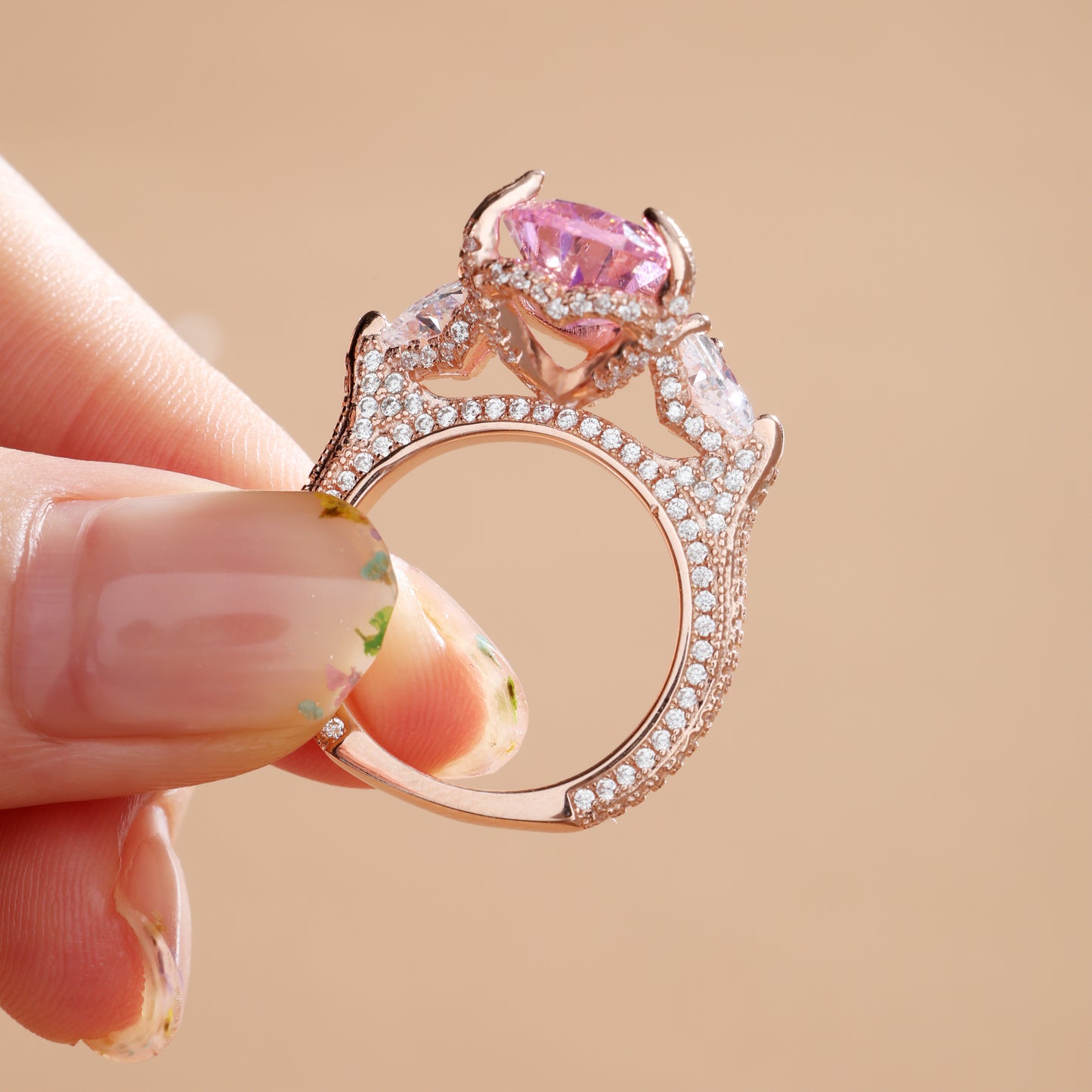 Gorgeous Pear Cut Pink Sapphire Three Stone Engagement Ring