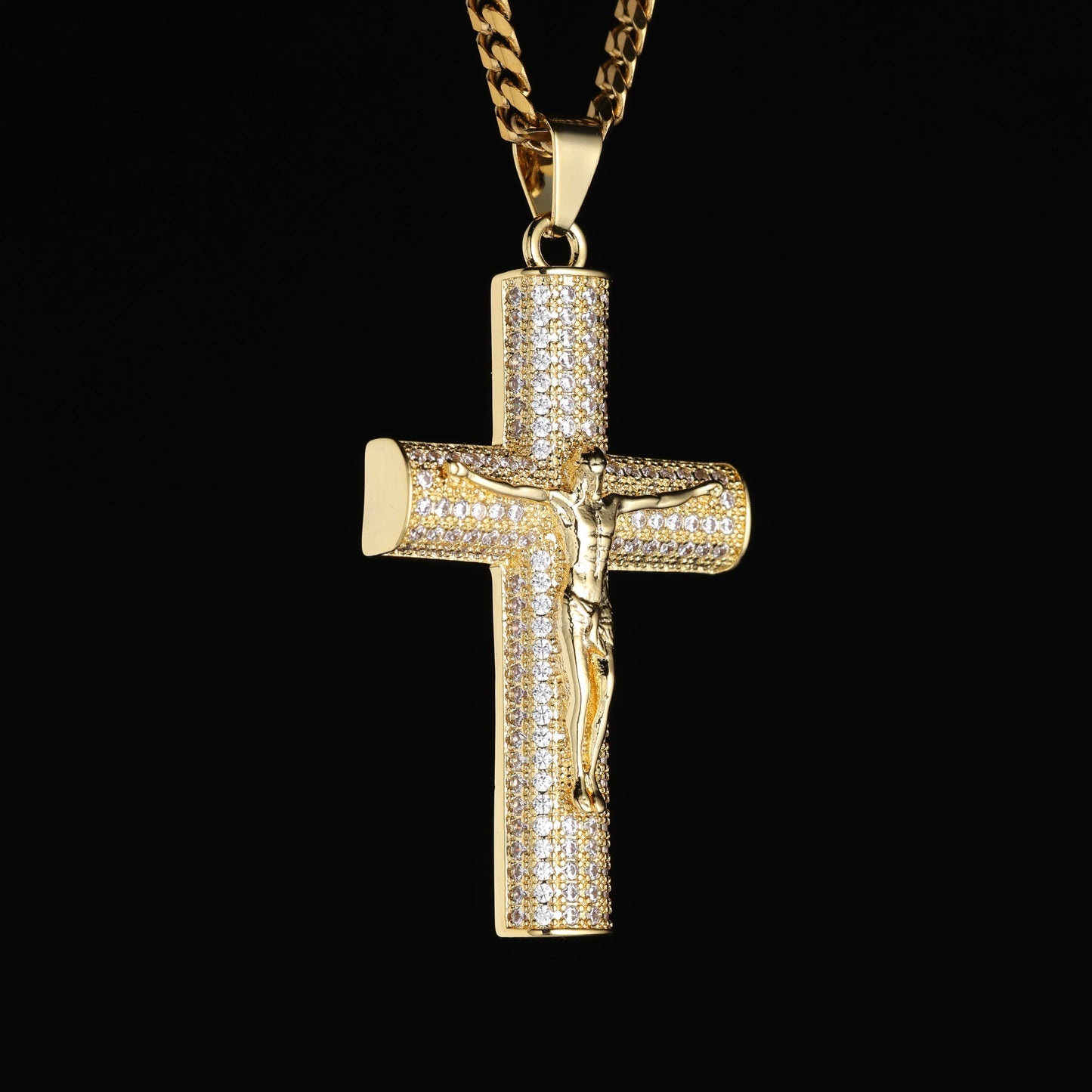 No Fade 14K Gold-Plated Cuban Figaro Chain with Jesus Christ Crucifix