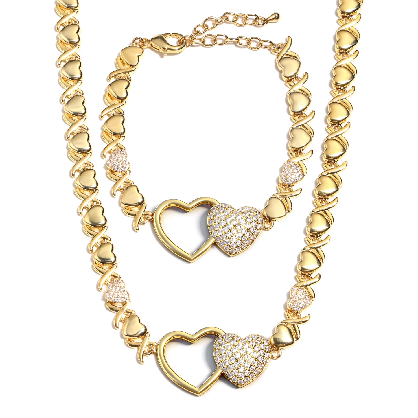 Entwined Hearts XO Chain Necklace: Hollow & Pave Diamond Duo