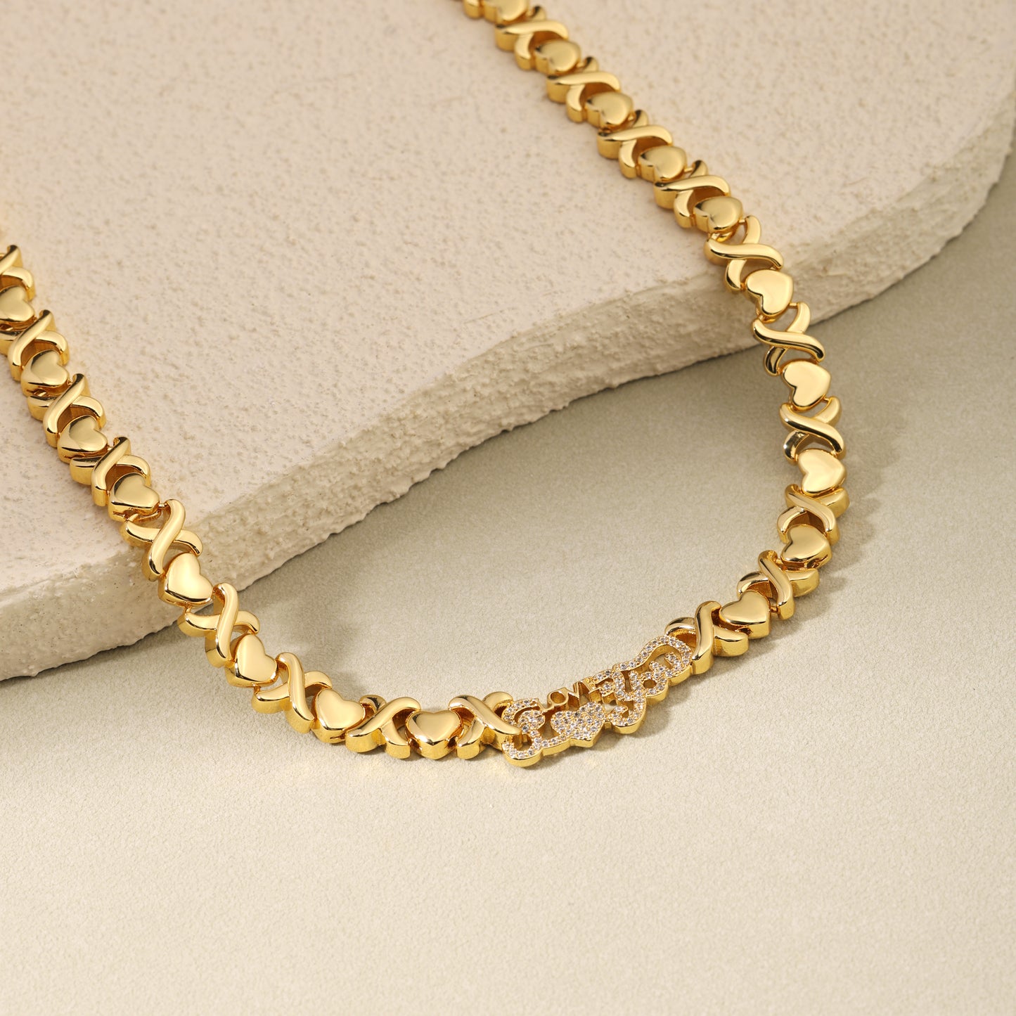 Engraved LOVE Emblem with Heart XO Link Necklace