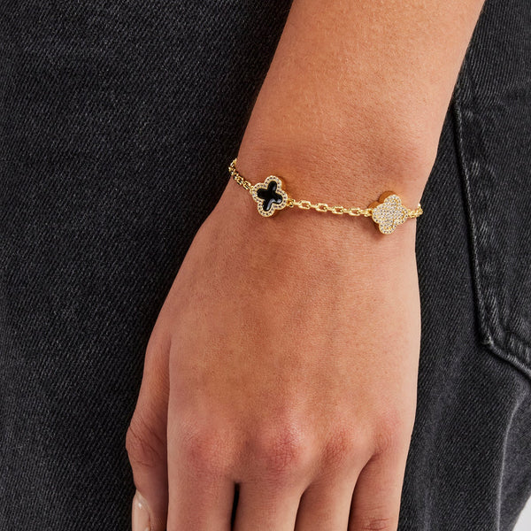 Iced & Black Enamel Motif Rolo Link Gemstone Bracelet