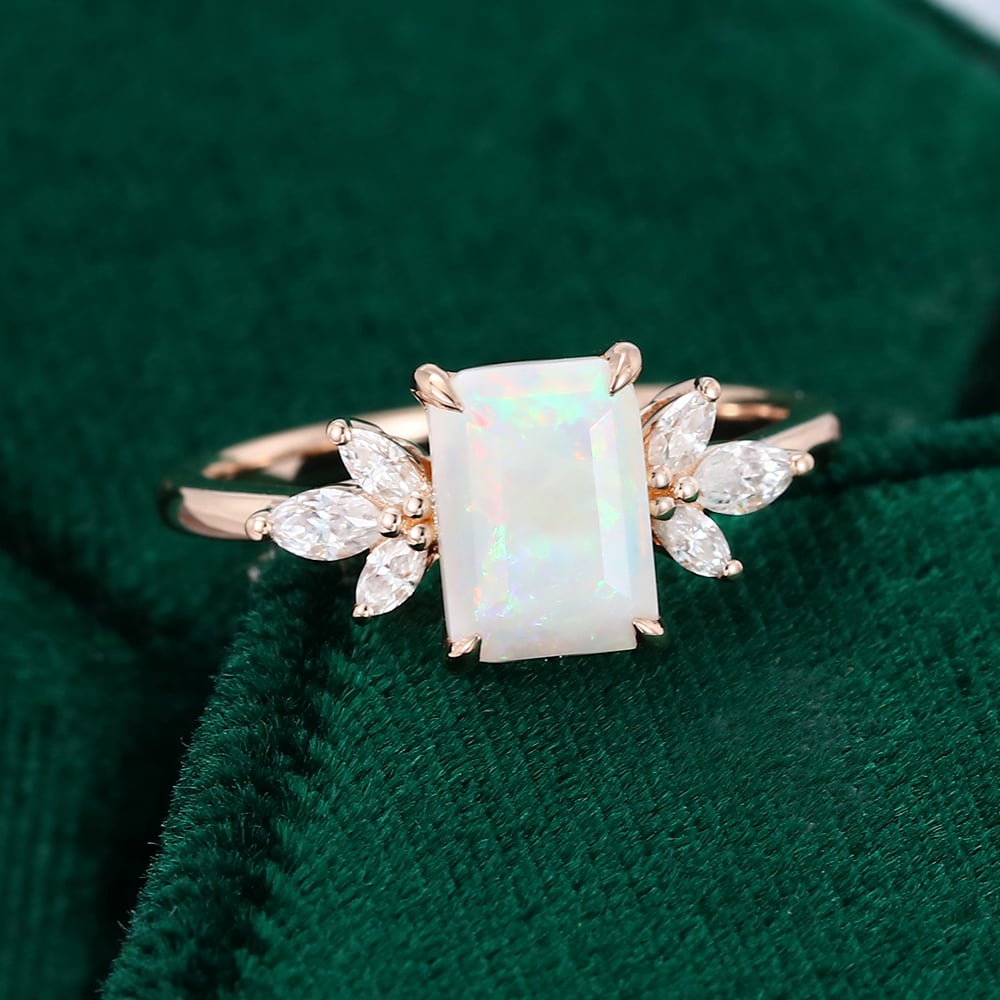 Emerald Cut Lab Opal Engagement Ring
