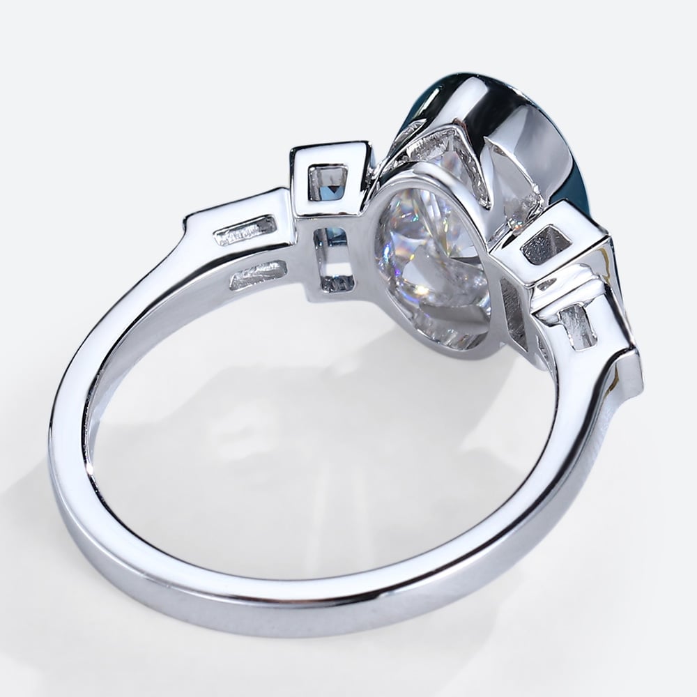 Oval Cut Moissanite Bezel Setting Engagement Ring Baguette Accented Bridal Ring