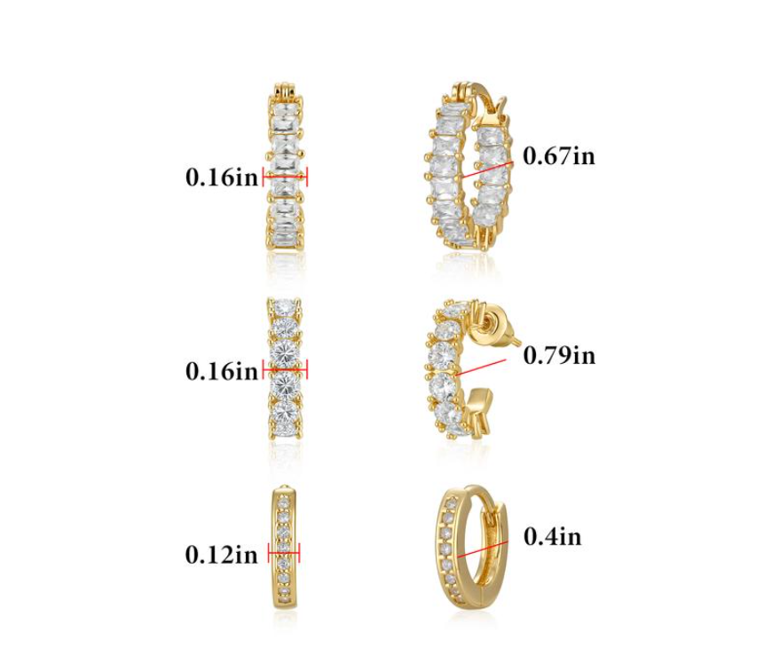 Exquisite 3-Piece Earring Set CZ Sparkle & Gold Hoops