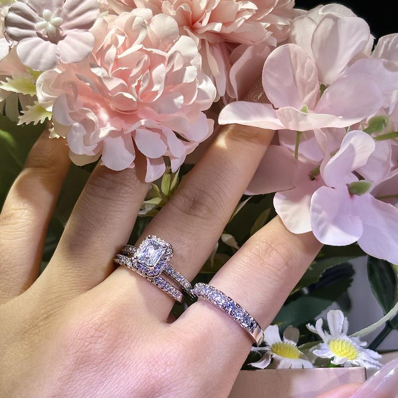 Three-piece Cushion Cut Ring Set with Micro Pave Stones