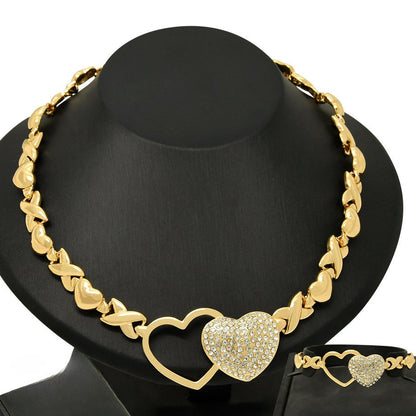 Hollow & Diamond-Paved Double Heart Pendant XO Chain Necklace