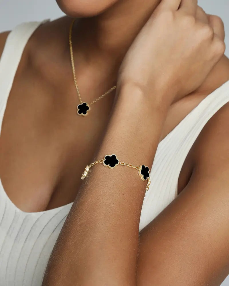 14K Gold Plated Four Leaf Clover Bracelet for Women - Adjustable Lucky Flower Jewelry with Mother of Pearl & Onyx - Trendy Gift