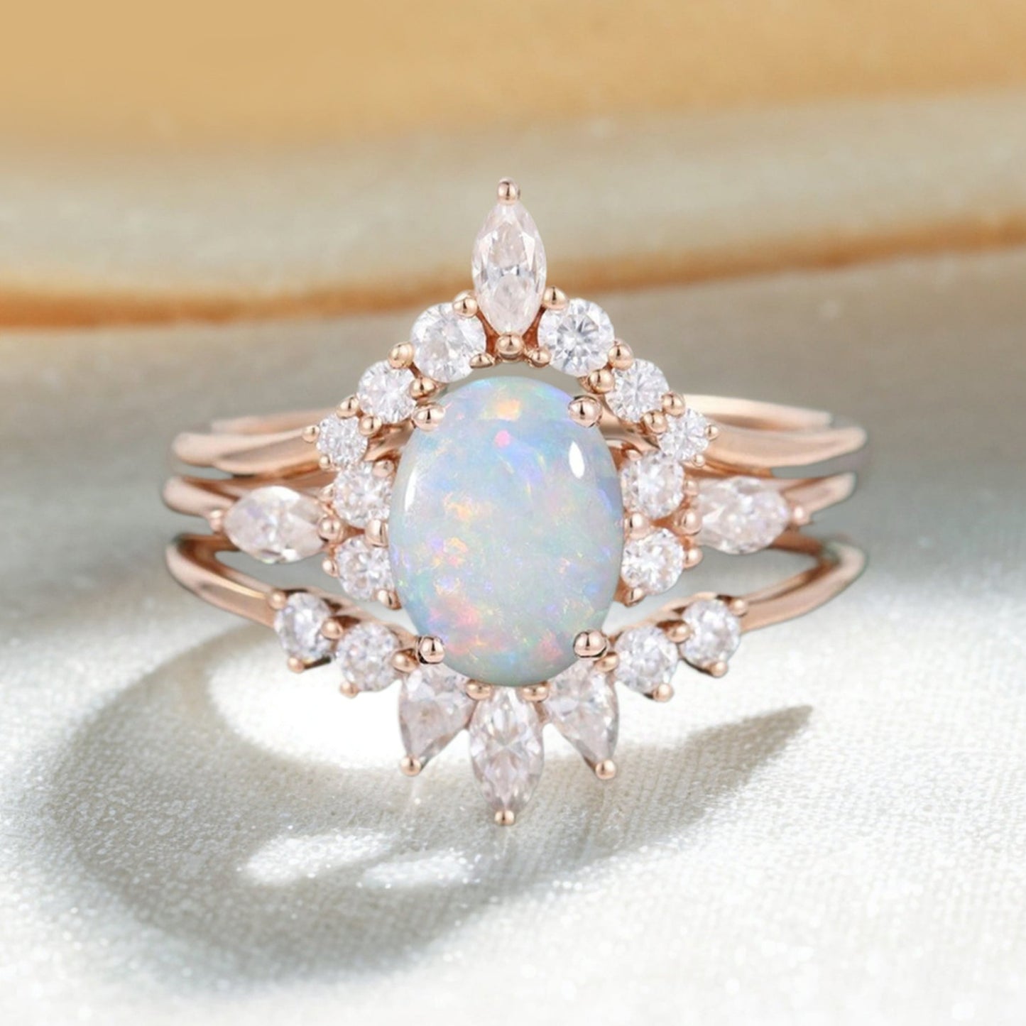 3 Pieces Oval Cut Opal and Diamond Engagement Ring Set