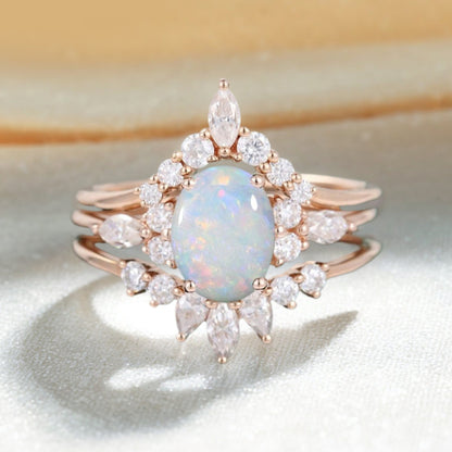 3 Pieces Oval Cut Opal and Diamond Engagement Ring Set