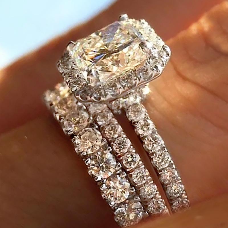 Three-piece Cushion Cut Ring Set with Micro Pave Stones