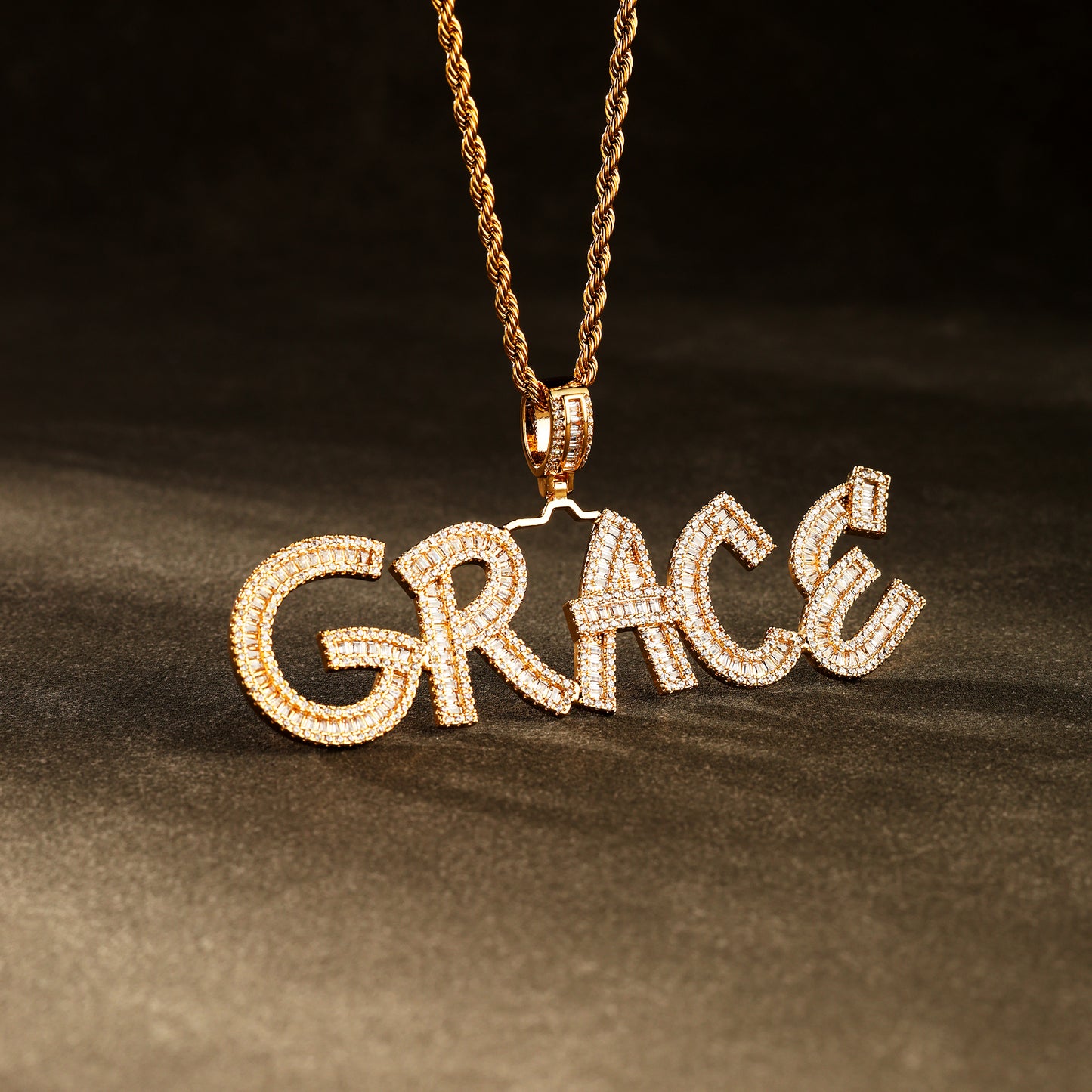 Custom Baguette Letter Pendant Necklace 18K Gold