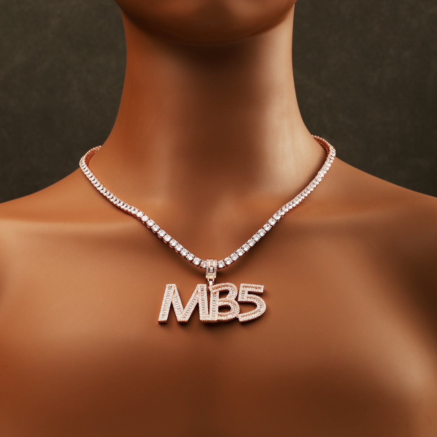 Custom Baguette Letter Pendant Necklace Rose Gold