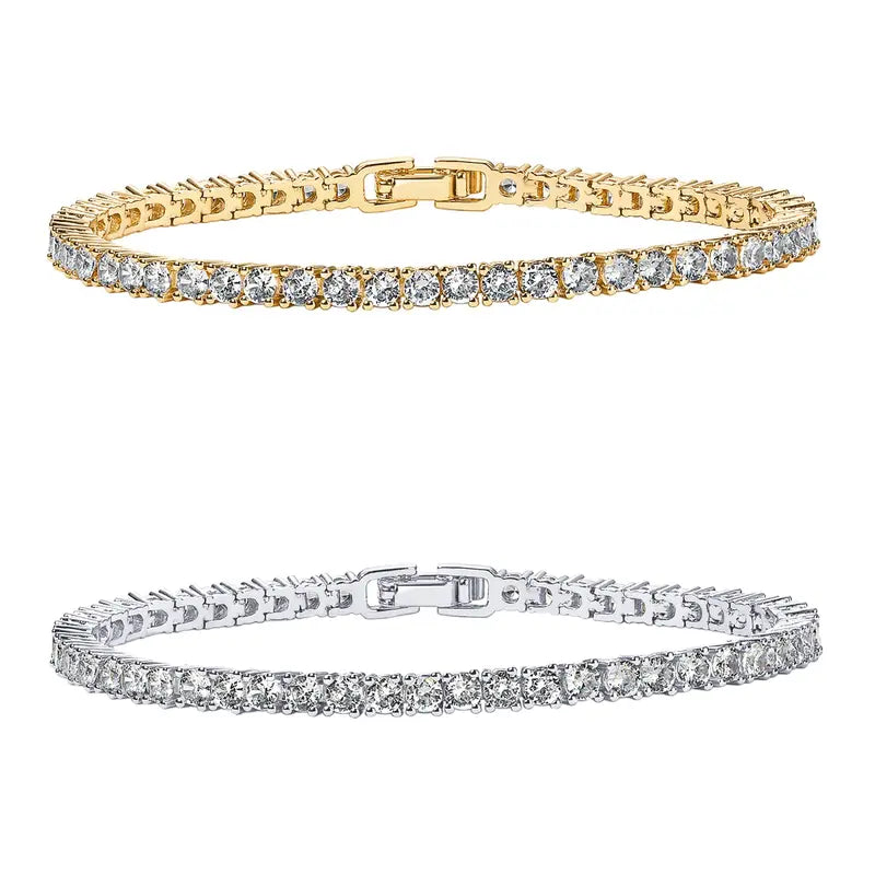 14K Gold Plated 3mm Simulated Diamond Tennis Bracelet for Women, Chunky Cubic Zirconia Bracelet, Adjustable Sparkling Statement Jewelry