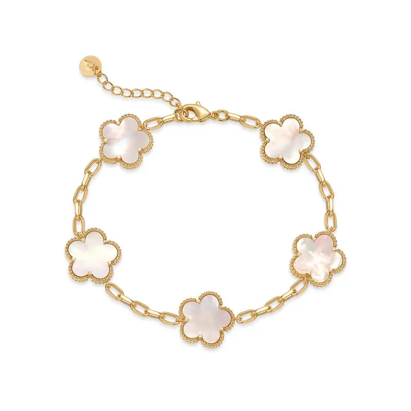 14K Gold Plated Four Leaf Clover Bracelet for Women - Adjustable Lucky Flower Jewelry with Mother of Pearl & Onyx - Trendy Gift