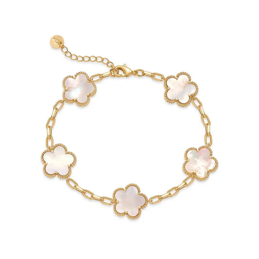 14K Gold Plated Four Leaf Clover Bracelet for Women - Adjustable Lucky Flower Jewelry with Mother of Pearl & Onyx - Trendy Gift