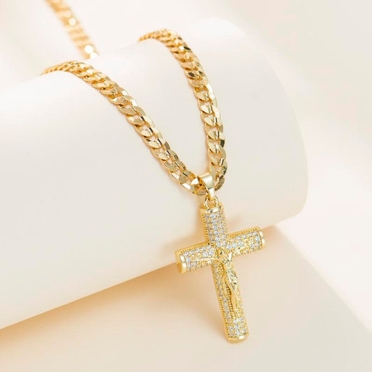 No Fade 14K Gold-Plated Cuban Figaro Chain with Jesus Christ Crucifix
