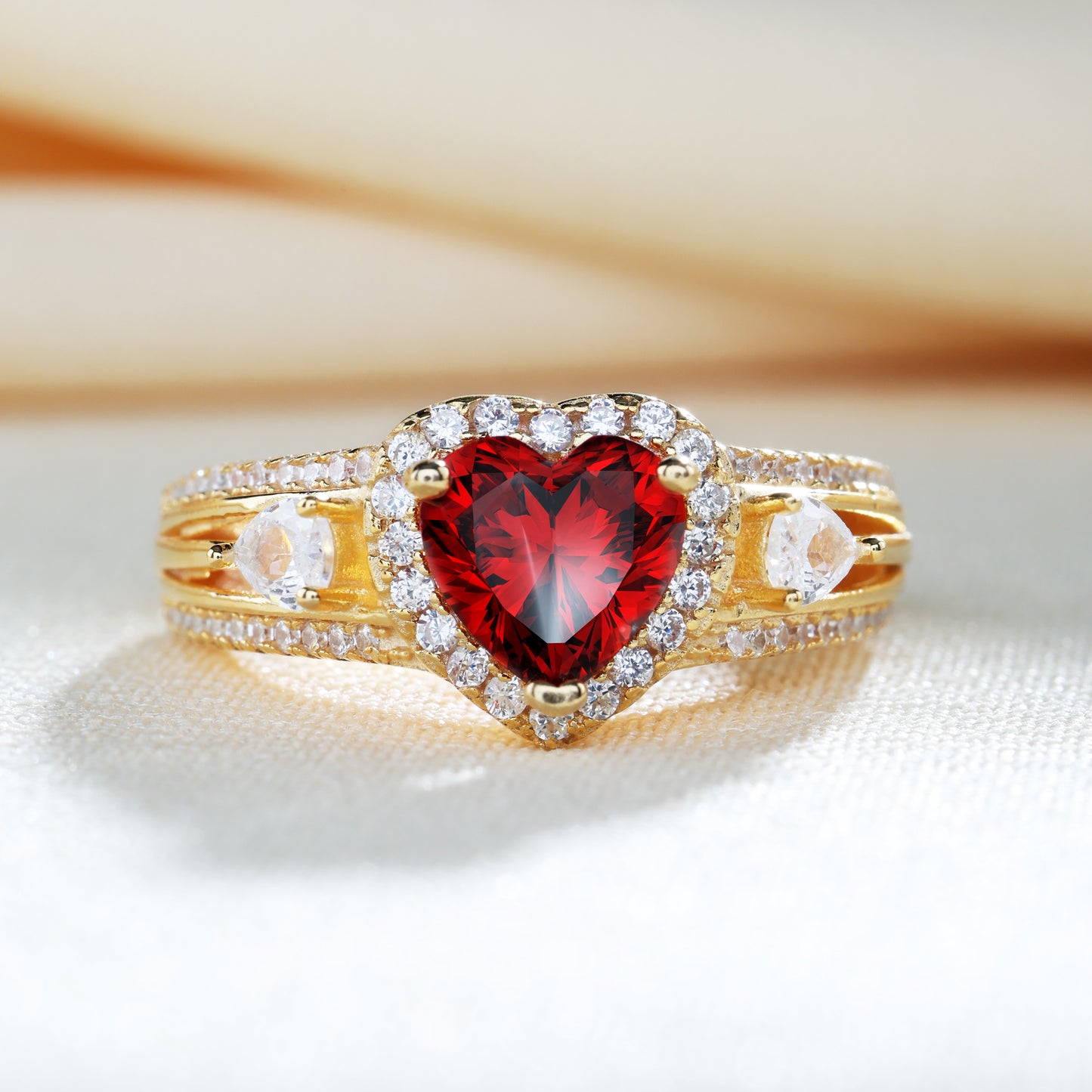 Three Stone Halo Heart Cut Sterling Silver Ring