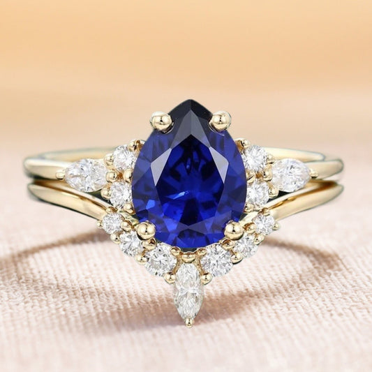 Sapphire And Moissanite Engagement Ring Set