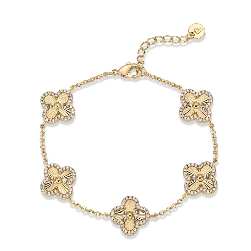 Gold Plated Four Leaf Clover Bracelet for Women Lucky CZ Clover Charm Bracelet