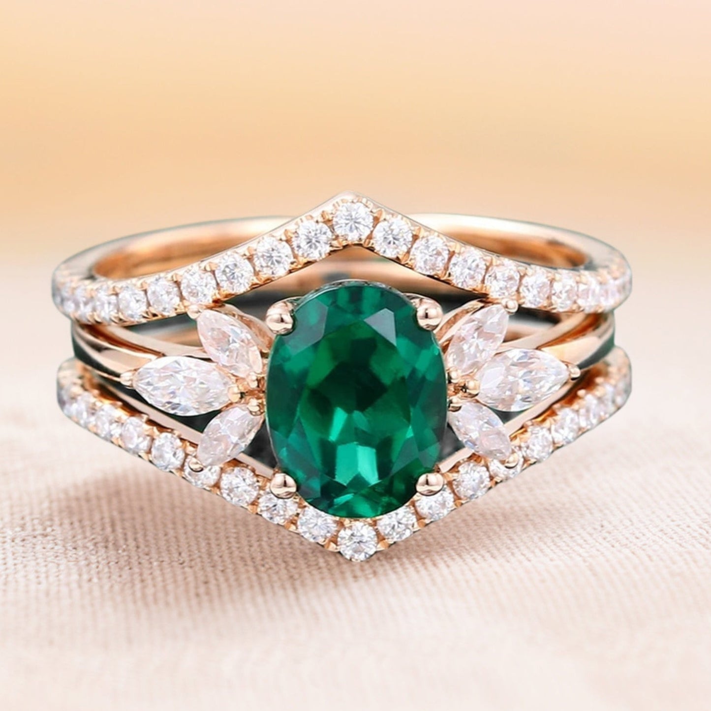 Rose Gold 6X8MM Oval Cut Lab Emerald Bridal Ring Set