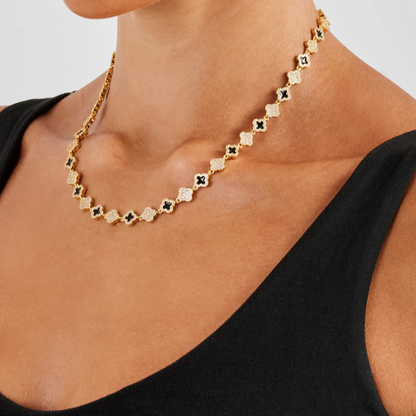 Black Enamel Clover Diamond Gemstone Necklace