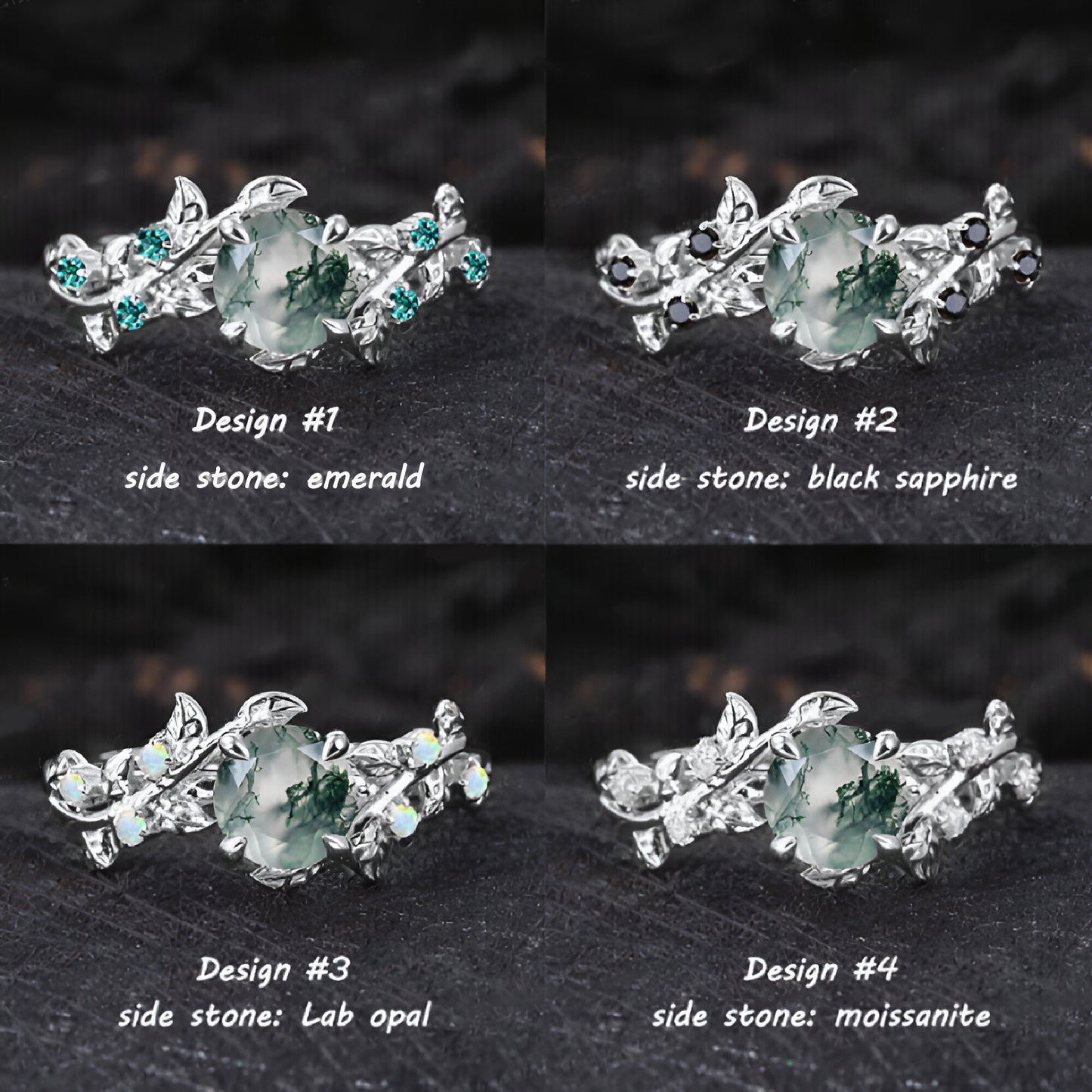 Vintage Moss Agate Engagement Ring Art Deco Leaf Promise Ring