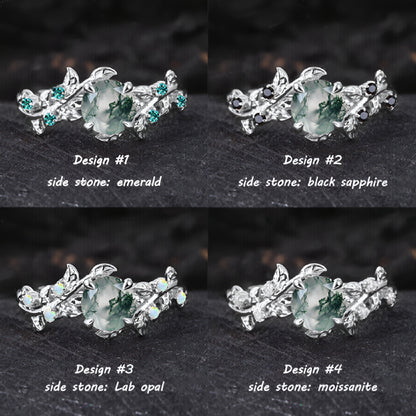 Vintage Moss Agate Engagement Ring Art Deco Leaf Promise Ring