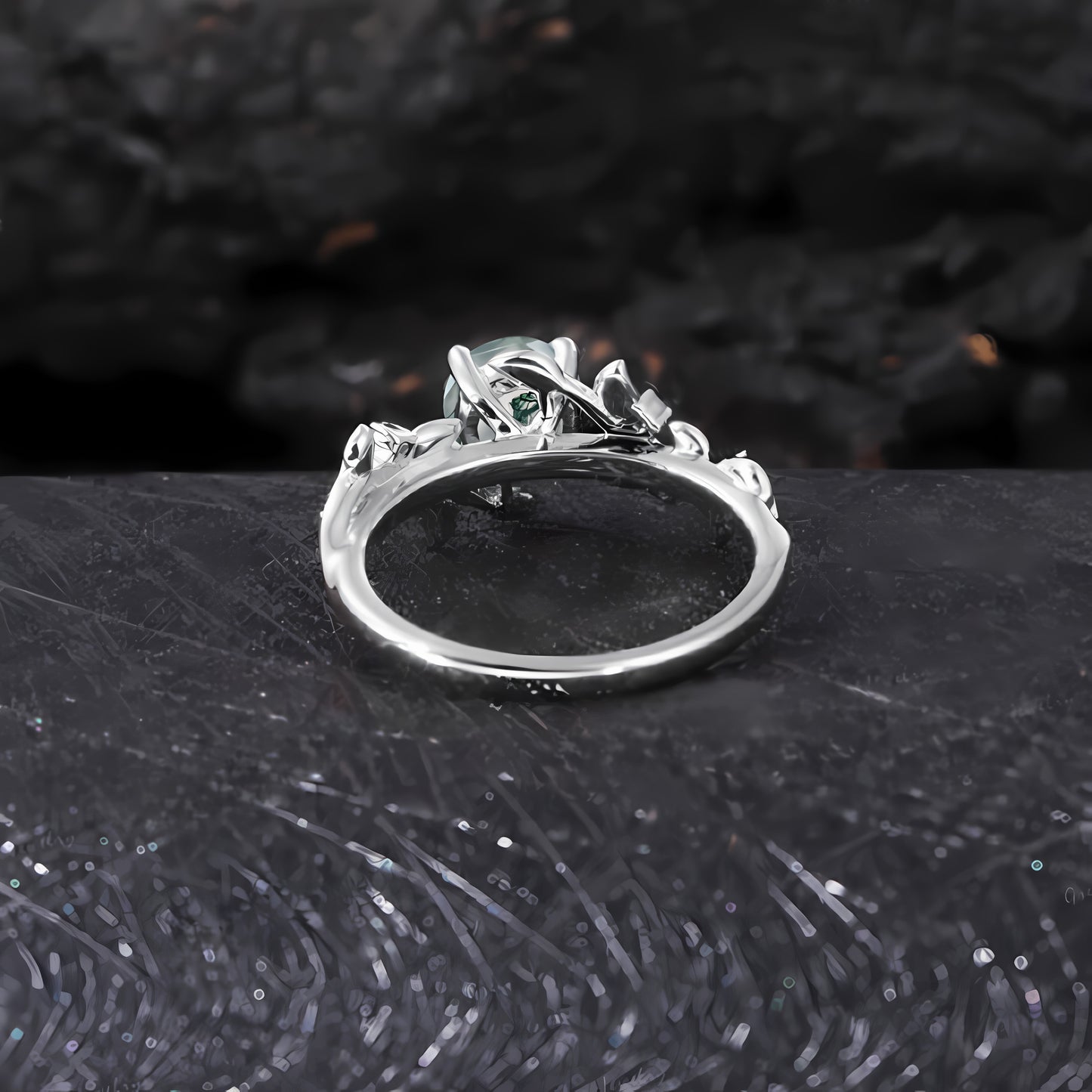 Vintage Moss Agate Engagement Ring Art Deco Leaf Promise Ring