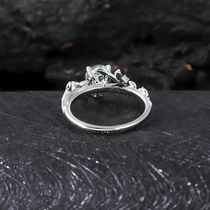 Vintage Moss Agate Engagement Ring Art Deco Leaf Promise Ring
