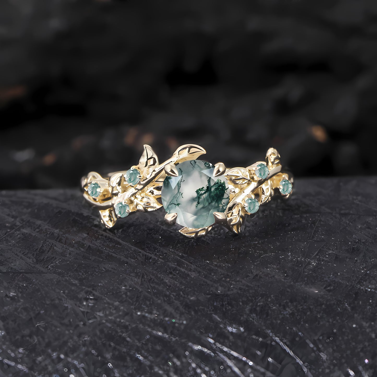 Vintage Moss Agate Engagement Ring Art Deco Leaf Promise Ring
