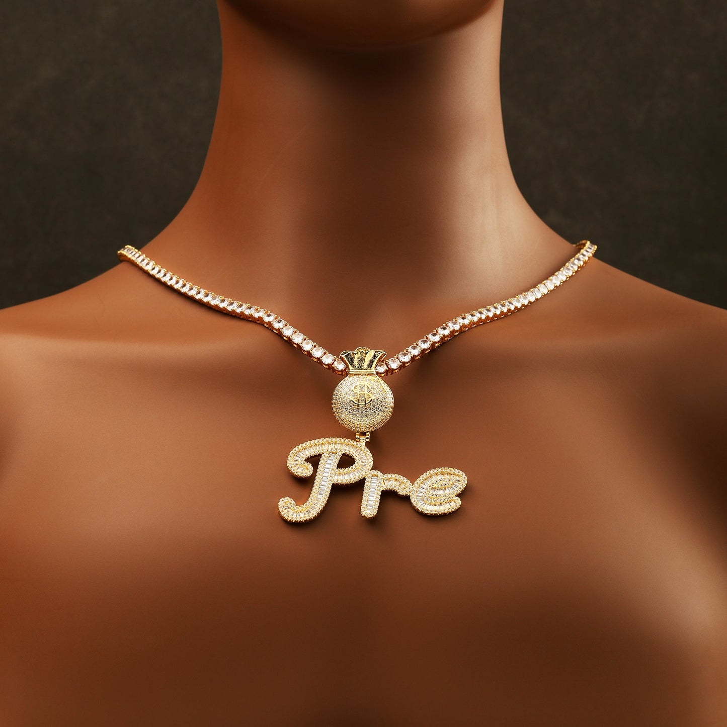 Custom Baguette Cursive Letter Pendant Necklace 18K Gold