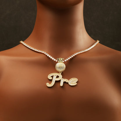 Custom Baguette Cursive Letter Pendant Necklace 18K Gold