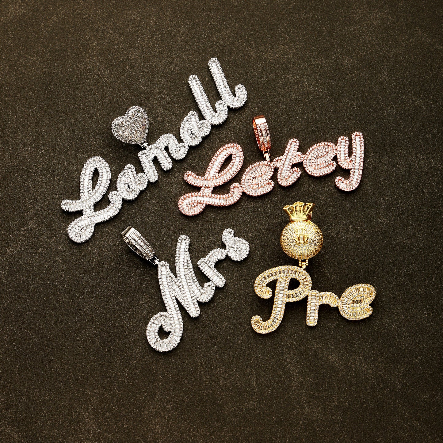 Custom Baguette Cursive Letter Pendant Necklace 18K Gold