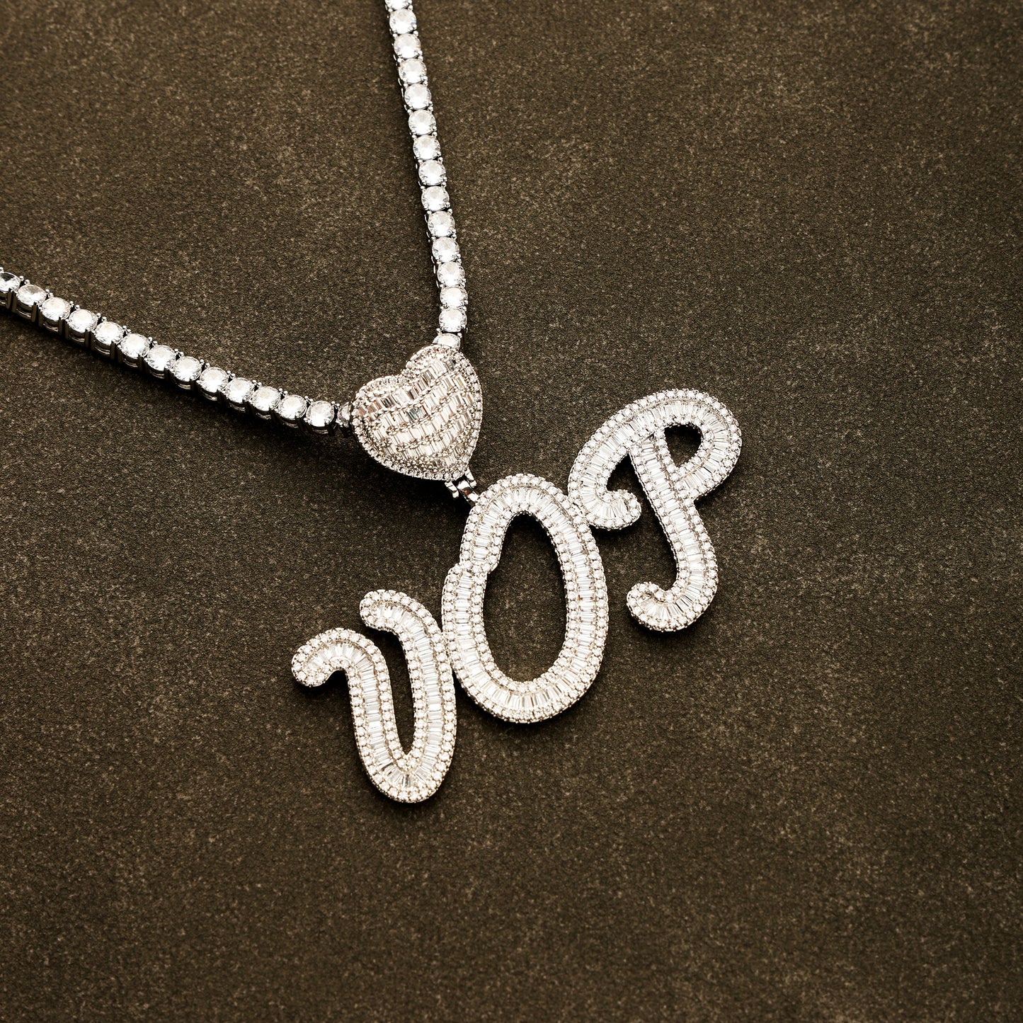 Custom Baguette Cut Letters Name Pendant White Gold
