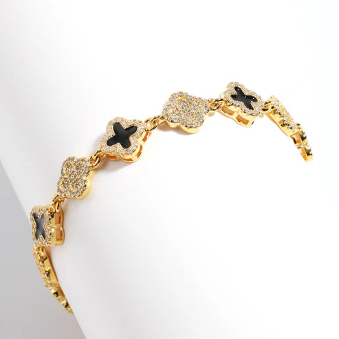 Black Enamel Clover Diamond Gemstone Bracelet