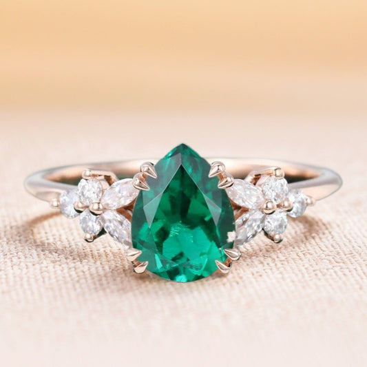 Pear Shaped Lab Emerald With Moissanite Blossom Engagement Ring