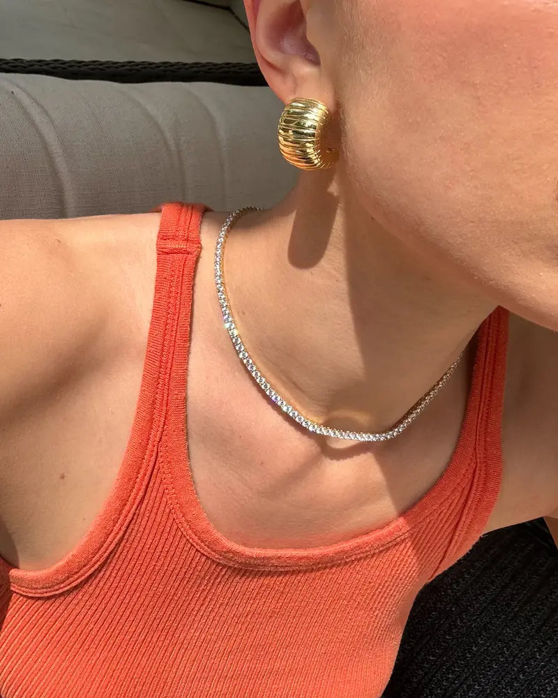14K Gold Plated 3mm Simulated Diamond Tennis Necklace for Women, Chunky Cubic Zirconia Choker, Adjustable Sparkling Statement Jewelry