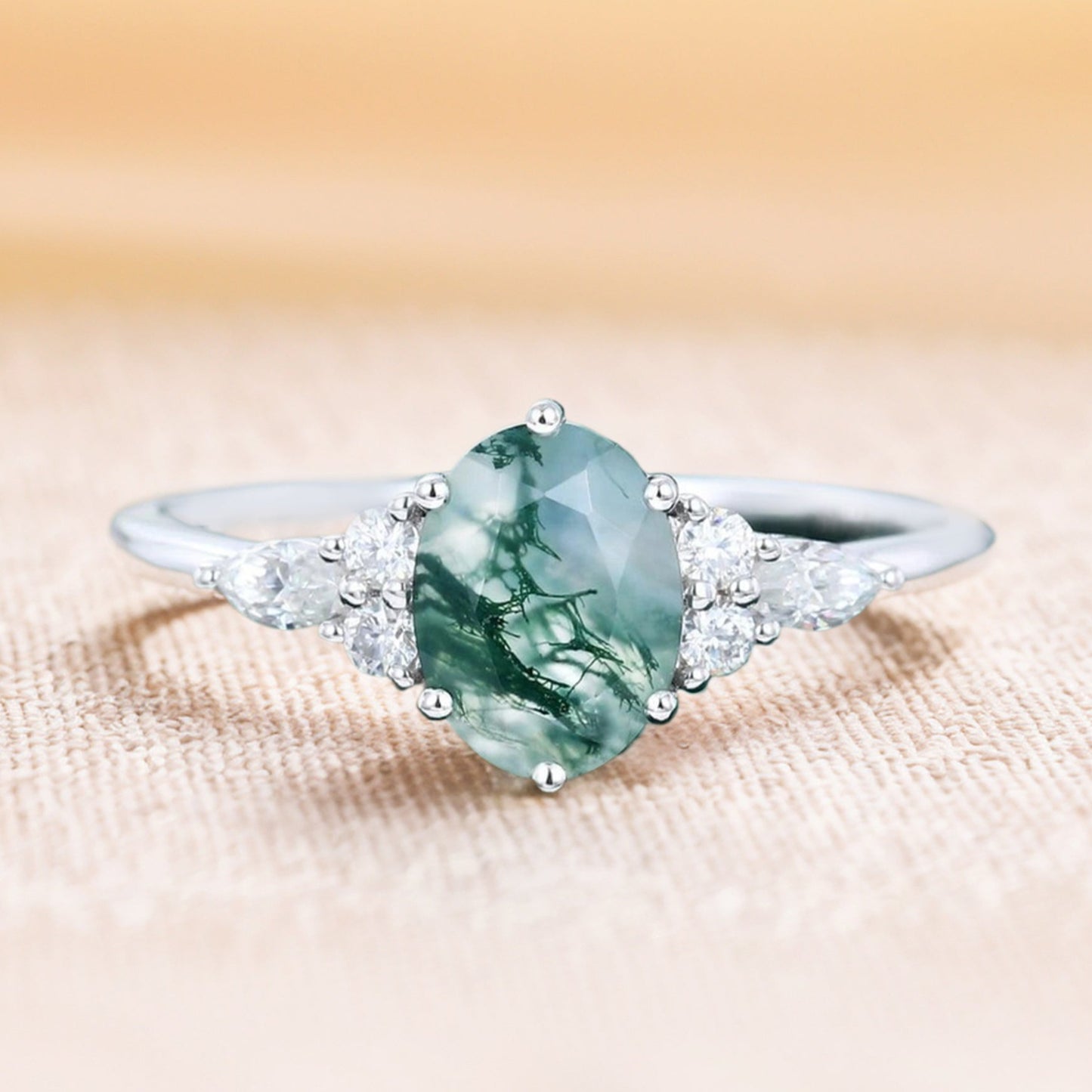 Oval Cut Moss Agate Classic Side Stone Promise Ring