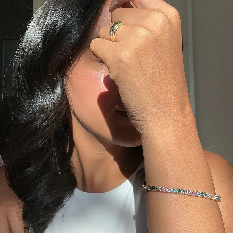 3mm Colorful Cubic Zirconia Tennis Bracelet  Bohemian Gold Plated For Women