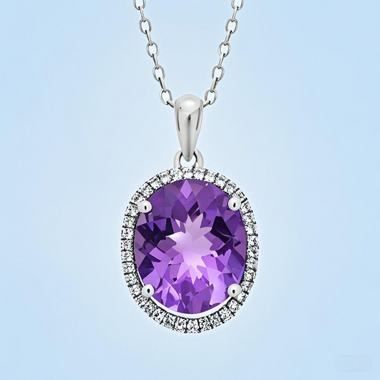 Amethyst Halo Oval Pendant Necklace 12x10mm