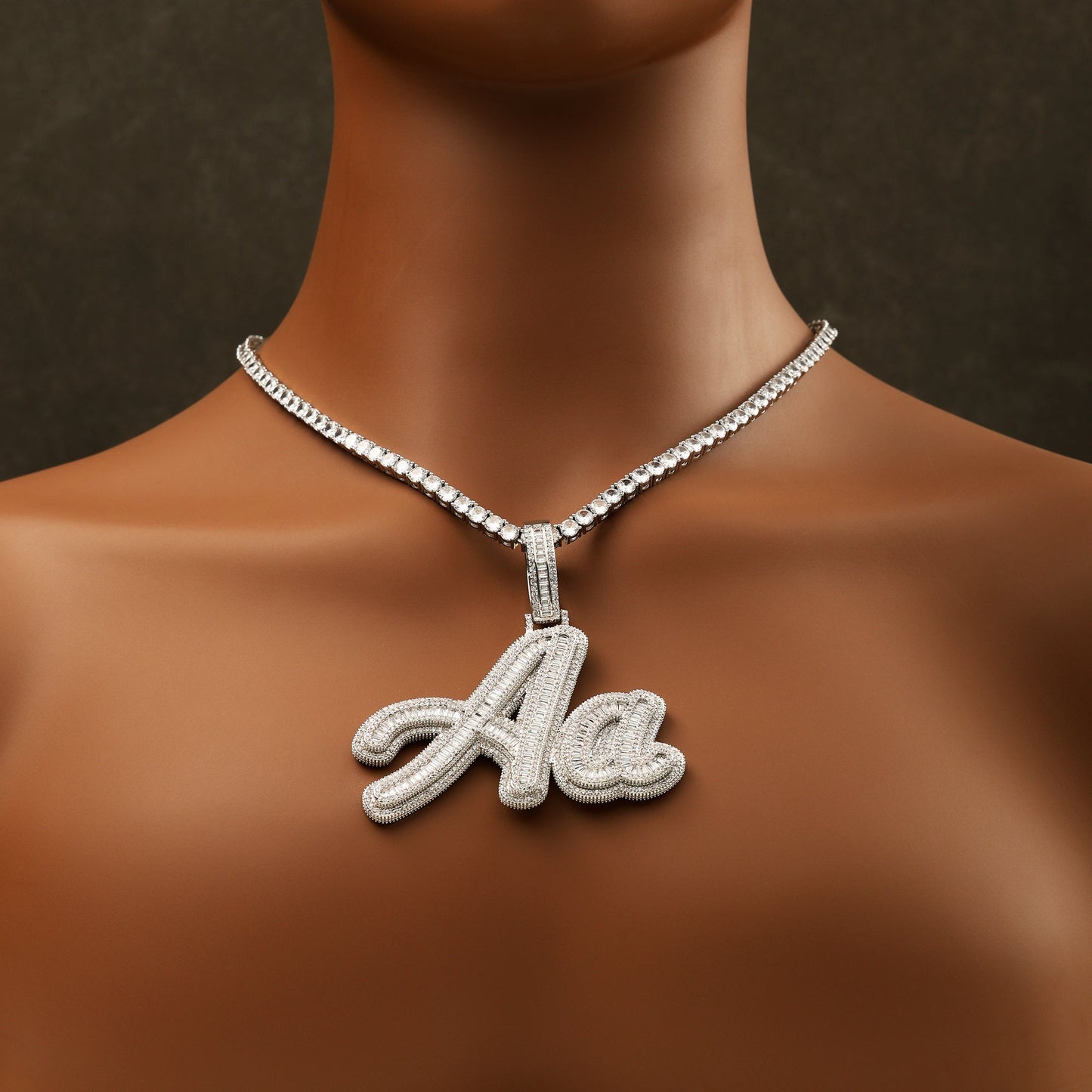 Custom Baguette Cursive Letter Name Pendant White Gold