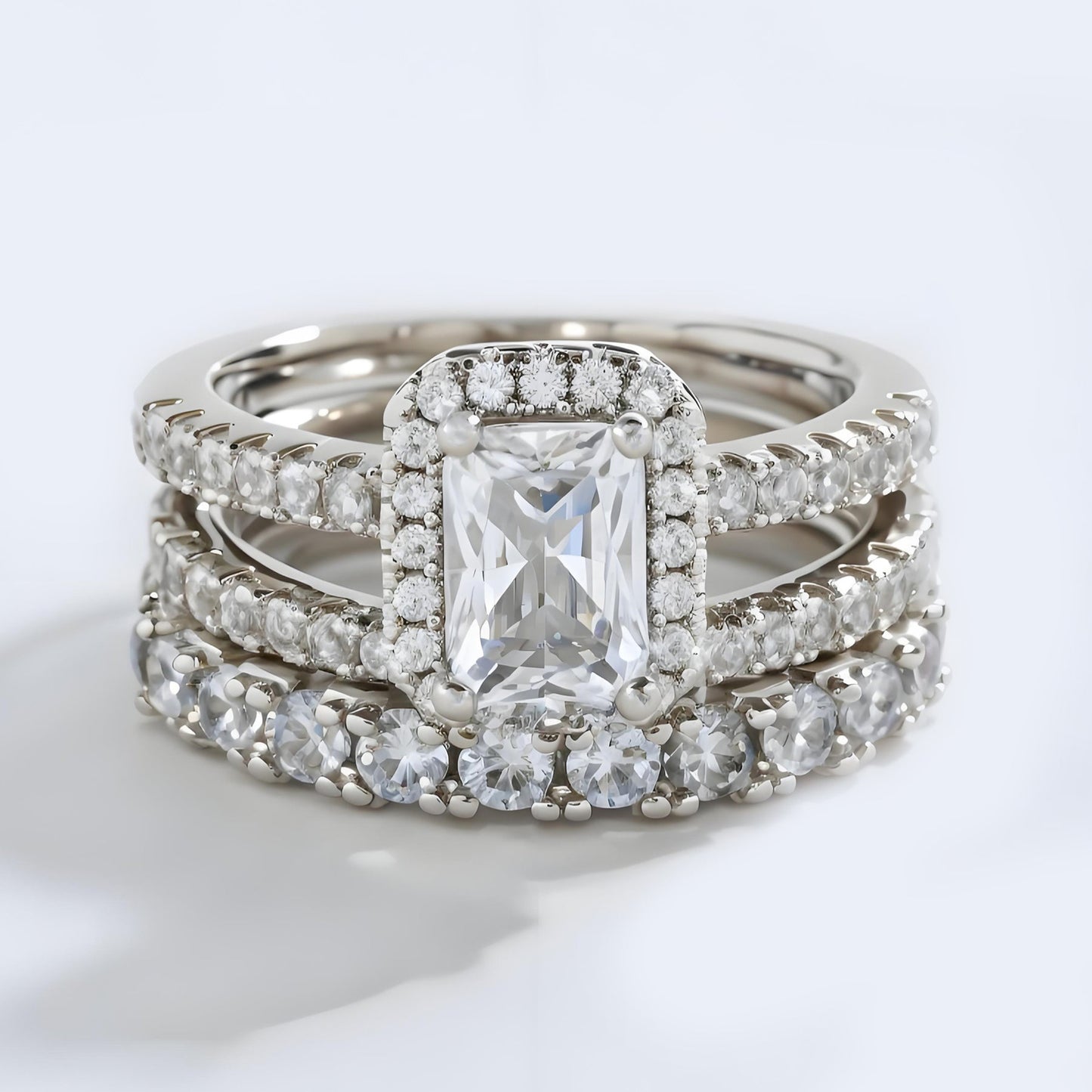 Three-piece Cushion Cut Ring Set with Micro Pave Stones