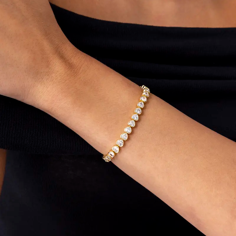 Gold Plated Heart Tennis Bracelet for Women Cubic Zirconia Heart Link Chain